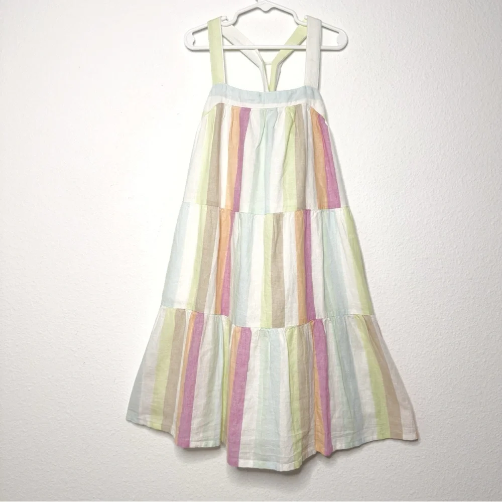 Gap girls crisscross back tiered striped multicolor dress linen blend size L NWT